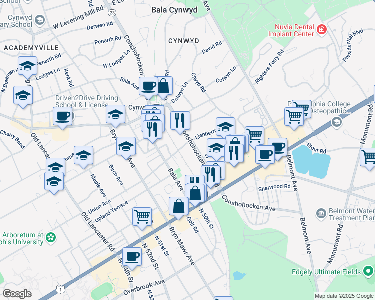 map of restaurants, bars, coffee shops, grocery stores, and more near 42 Conshohocken State Road in Bala Cynwyd