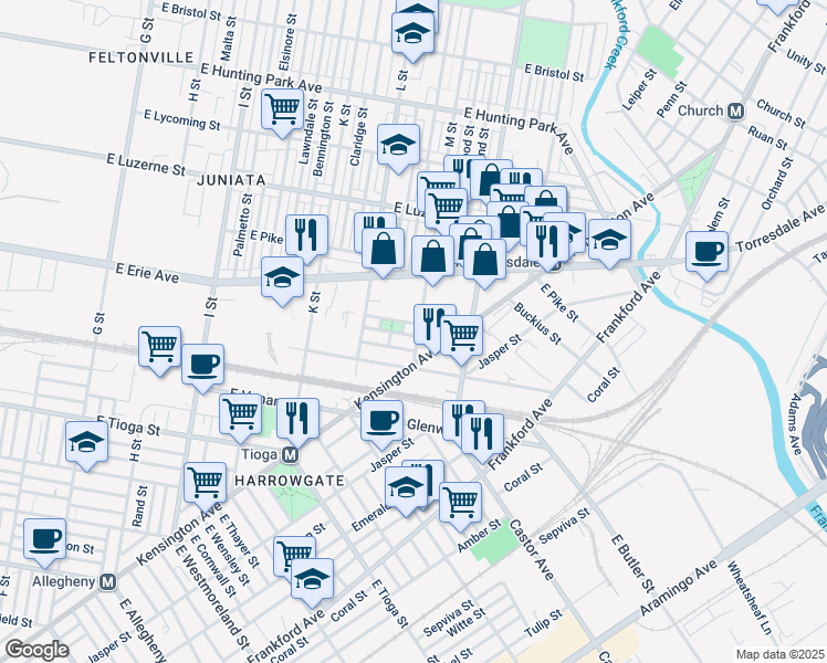 map of restaurants, bars, coffee shops, grocery stores, and more near 3736 M Street in Philadelphia