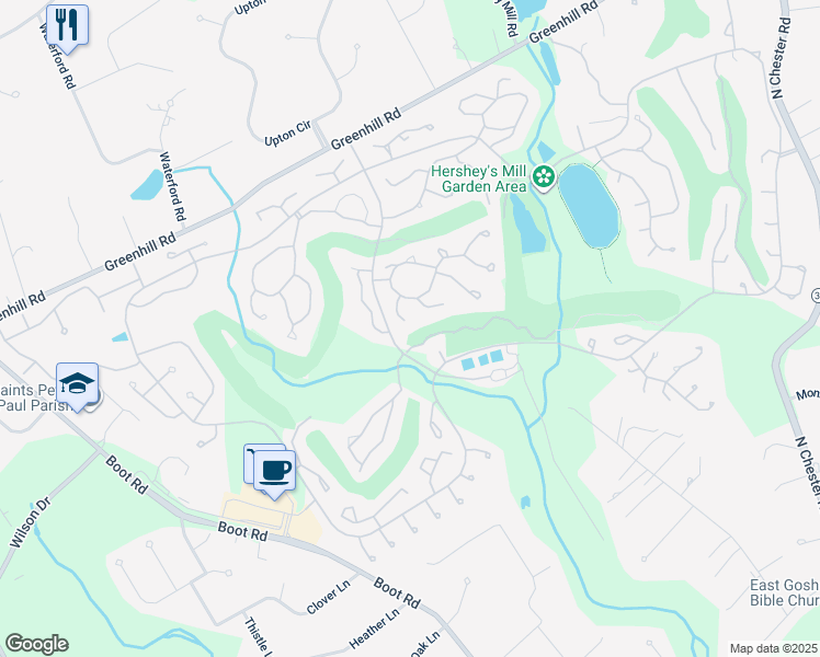map of restaurants, bars, coffee shops, grocery stores, and more near 493 Eaton Way in West Chester