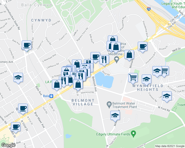 map of restaurants, bars, coffee shops, grocery stores, and more near City Ave & Belmont Ave in Montgomery