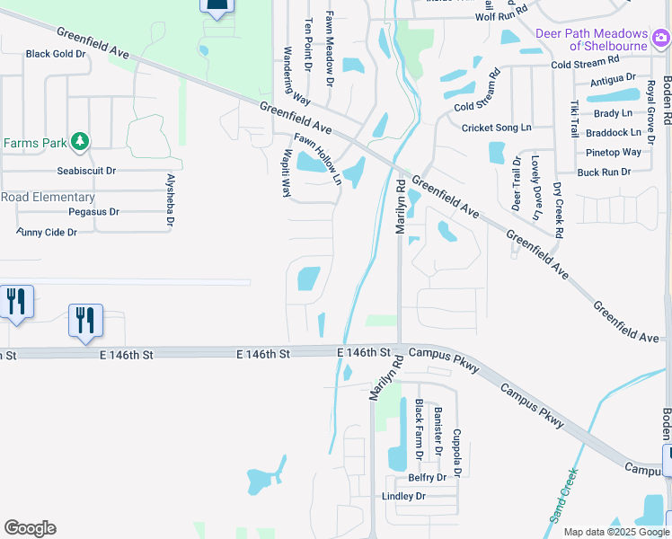 map of restaurants, bars, coffee shops, grocery stores, and more near 14750 Fawn Hollow Lane in Noblesville