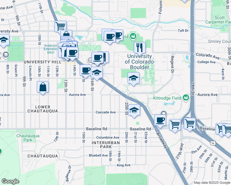 map of restaurants, bars, coffee shops, grocery stores, and more near 935 Broadway Street in Boulder