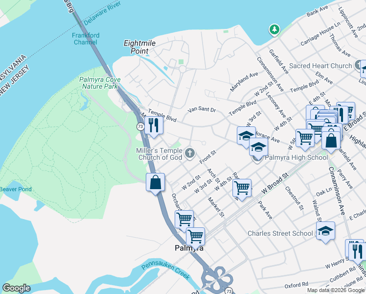 map of restaurants, bars, coffee shops, grocery stores, and more near 26 Market Street in Palmyra