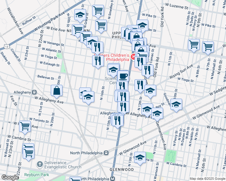map of restaurants, bars, coffee shops, grocery stores, and more near 3336 North 15th Street in Philadelphia