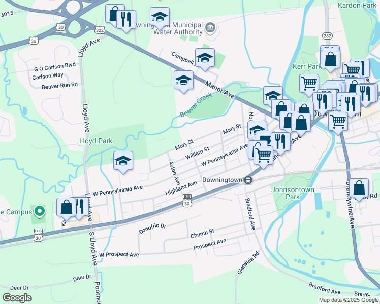 map of restaurants, bars, coffee shops, grocery stores, and more near 401 William Street in Downingtown
