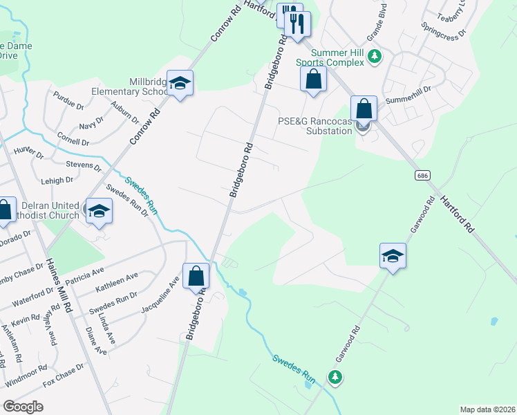 map of restaurants, bars, coffee shops, grocery stores, and more near 109 Congressional Court in Moorestown