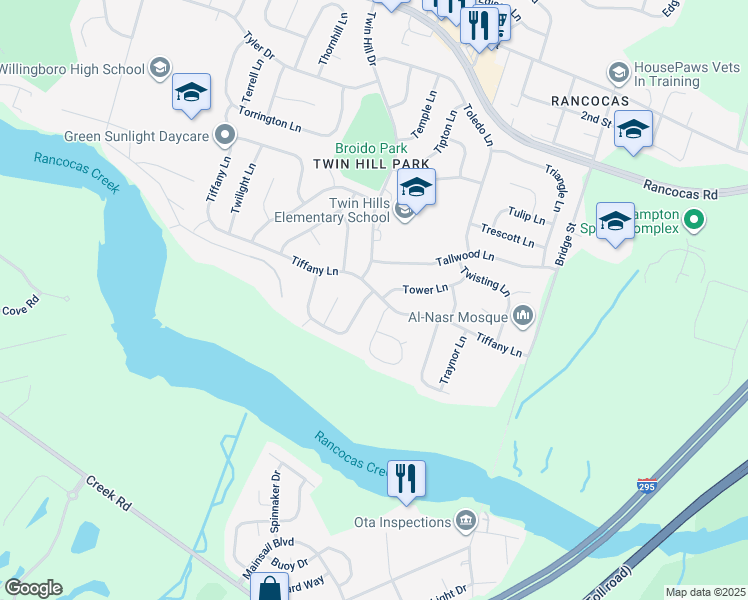 map of restaurants, bars, coffee shops, grocery stores, and more near 181 Tiffany Lane in Willingboro