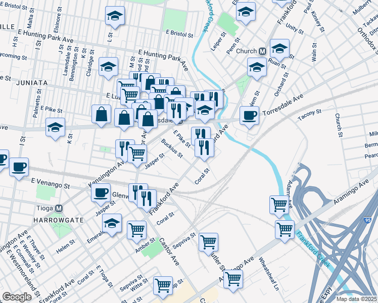 map of restaurants, bars, coffee shops, grocery stores, and more near 1934 East Pike Street in Philadelphia
