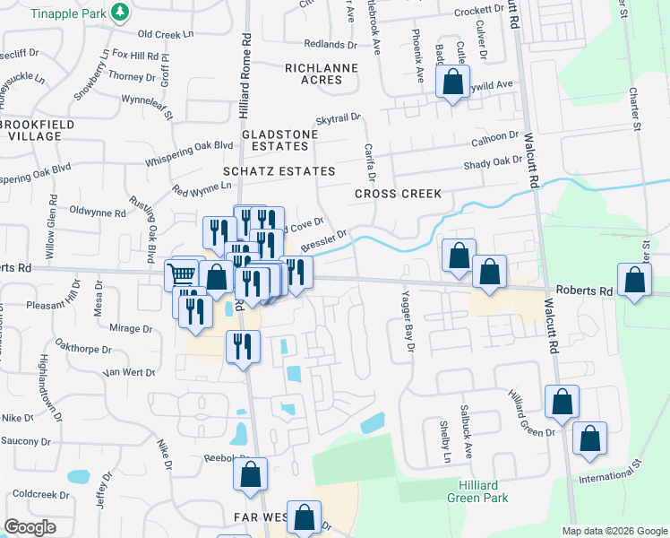 map of restaurants, bars, coffee shops, grocery stores, and more near 5301 Roberts Road in Hilliard