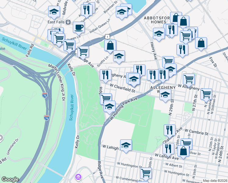 map of restaurants, bars, coffee shops, grocery stores, and more near 3000 North 34th Street in Philadelphia