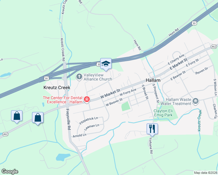 map of restaurants, bars, coffee shops, grocery stores, and more near 363 West Market Street in Hallam