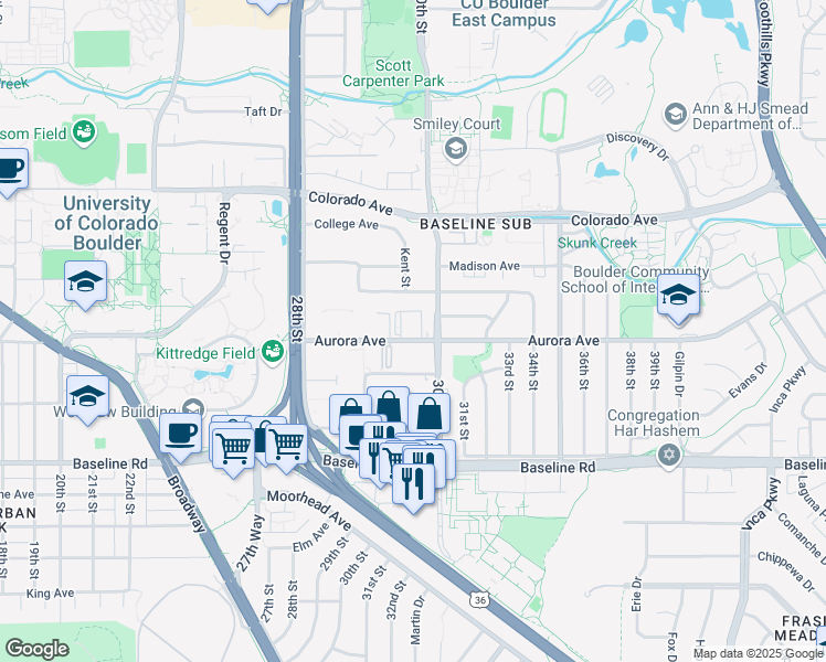 map of restaurants, bars, coffee shops, grocery stores, and more near 2990 Aurora Avenue in Boulder