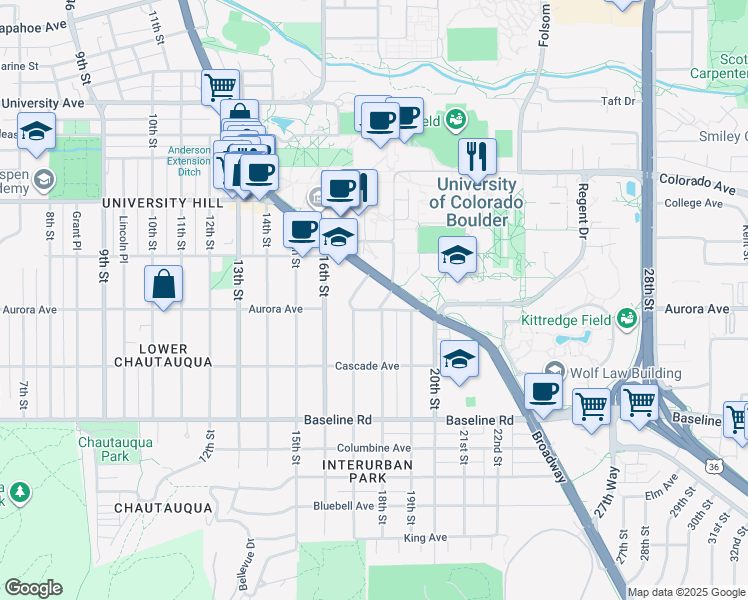 map of restaurants, bars, coffee shops, grocery stores, and more near 890 18th Street in Boulder