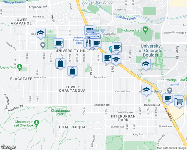 map of restaurants, bars, coffee shops, grocery stores, and more near 888 13th Street in Boulder
