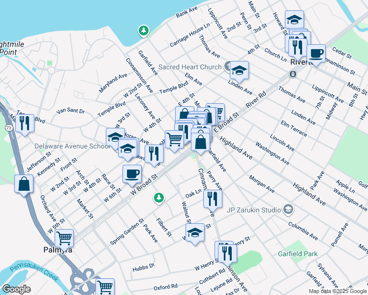 map of restaurants, bars, coffee shops, grocery stores, and more near 15 West Broad Street in Palmyra
