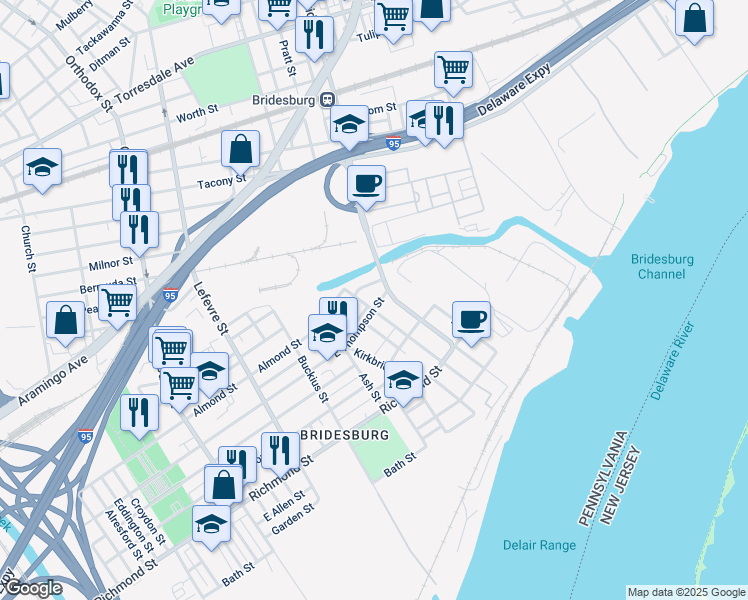 map of restaurants, bars, coffee shops, grocery stores, and more near 2709 Pratt Street in Philadelphia