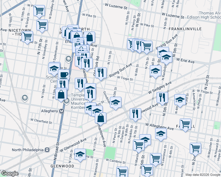 map of restaurants, bars, coffee shops, grocery stores, and more near 3356 North 10th Street in Philadelphia