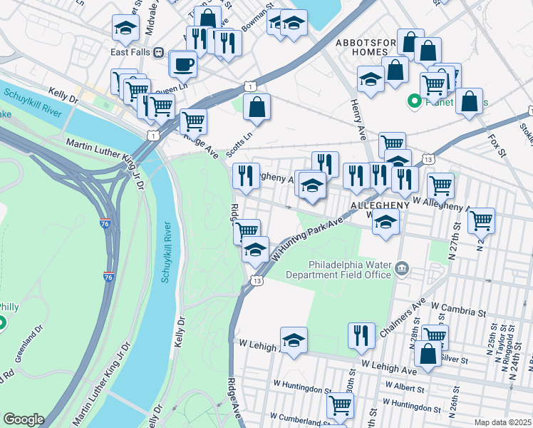 map of restaurants, bars, coffee shops, grocery stores, and more near 3000 North 34th Street in Philadelphia