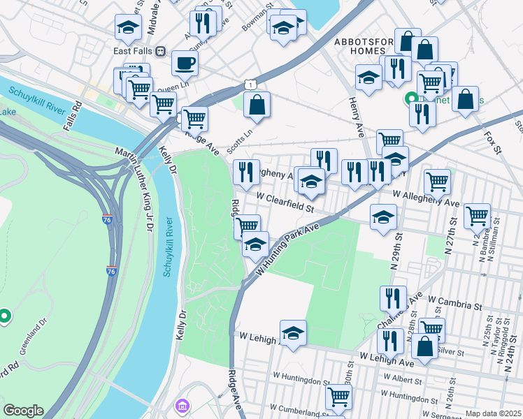 map of restaurants, bars, coffee shops, grocery stores, and more near 3000 North 34th Street in Philadelphia