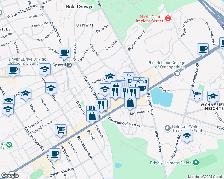 map of restaurants, bars, coffee shops, grocery stores, and more near 27 Conshohocken State Road in Bala Cynwyd