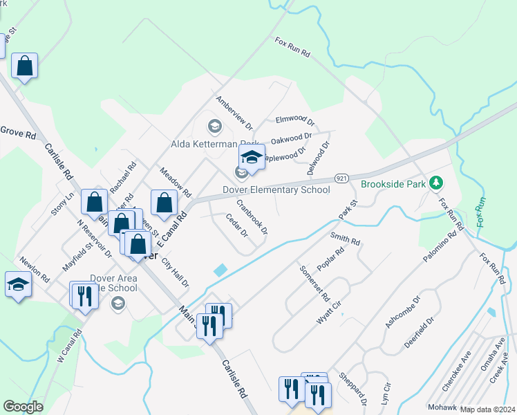 map of restaurants, bars, coffee shops, grocery stores, and more near 123 Cranbrook Drive in Dover