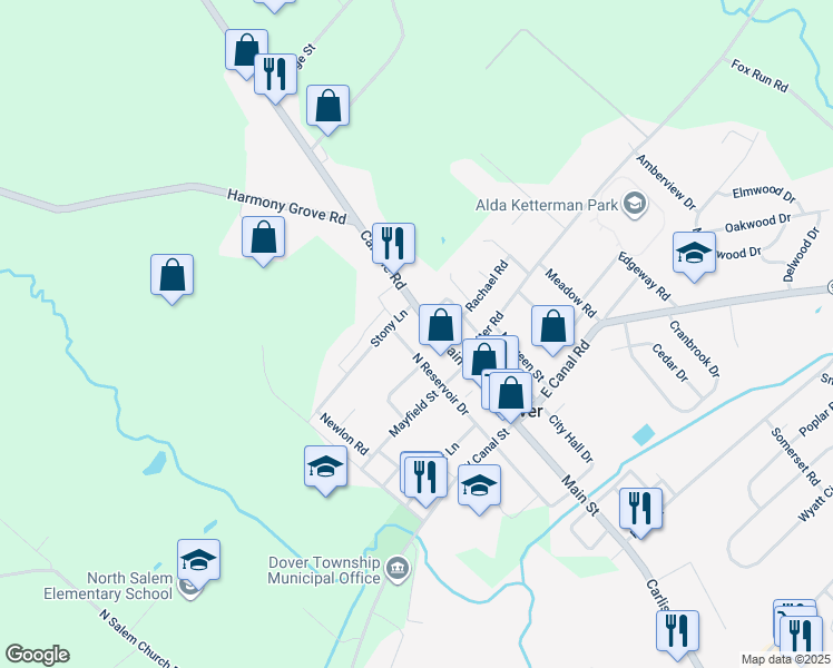 map of restaurants, bars, coffee shops, grocery stores, and more near 81 North Reservoir Drive in Dover