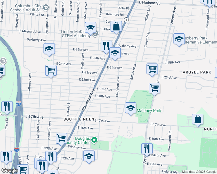 map of restaurants, bars, coffee shops, grocery stores, and more near 1385 East 21st Avenue in Columbus