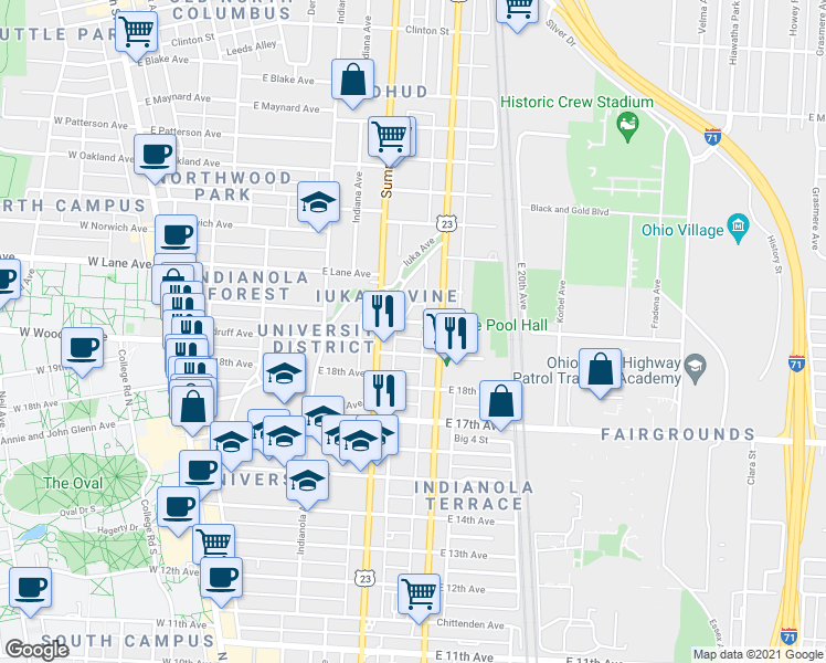 map of restaurants, bars, coffee shops, grocery stores, and more near 336 East 19th Avenue in Columbus