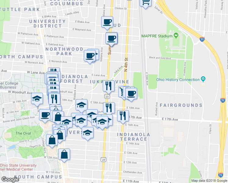 map of restaurants, bars, coffee shops, grocery stores, and more near 336 East 19th Avenue in Columbus