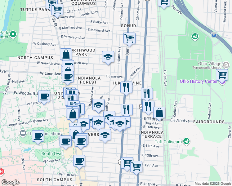 map of restaurants, bars, coffee shops, grocery stores, and more near 1986 Indianola Avenue in Columbus