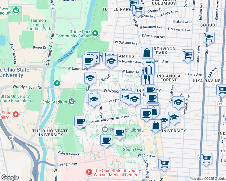 map of restaurants, bars, coffee shops, grocery stores, and more near 191 West Woodruff Avenue in Columbus