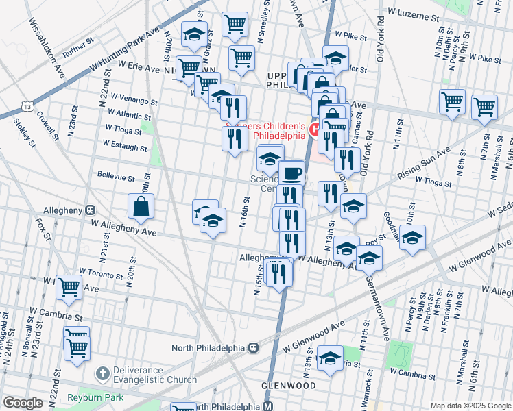 map of restaurants, bars, coffee shops, grocery stores, and more near 3318 North Sydenham Street in Philadelphia