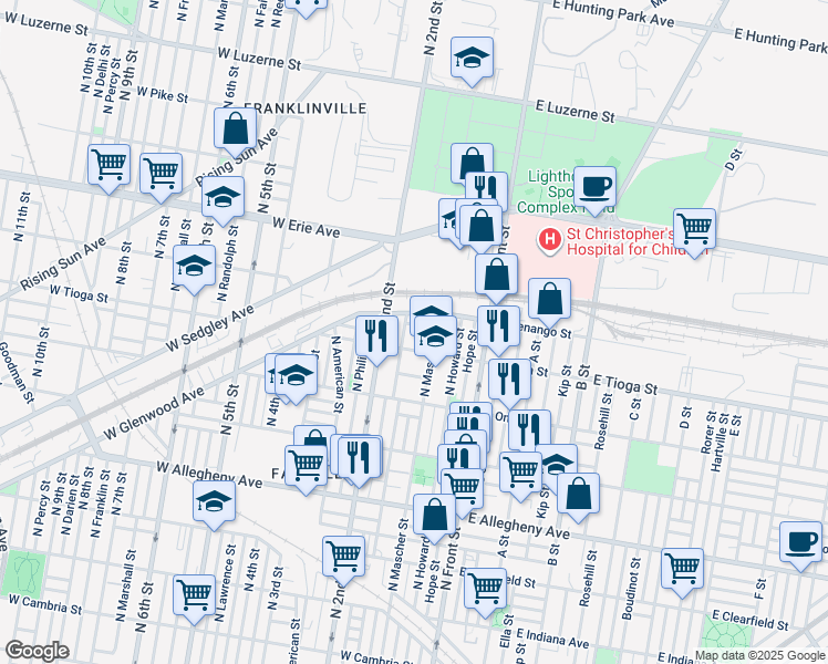 map of restaurants, bars, coffee shops, grocery stores, and more near 174 West Atlantic Street in Philadelphia
