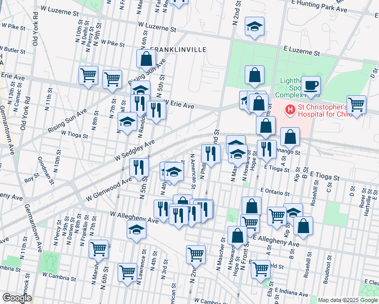 map of restaurants, bars, coffee shops, grocery stores, and more near 255 West Tioga Street in Philadelphia