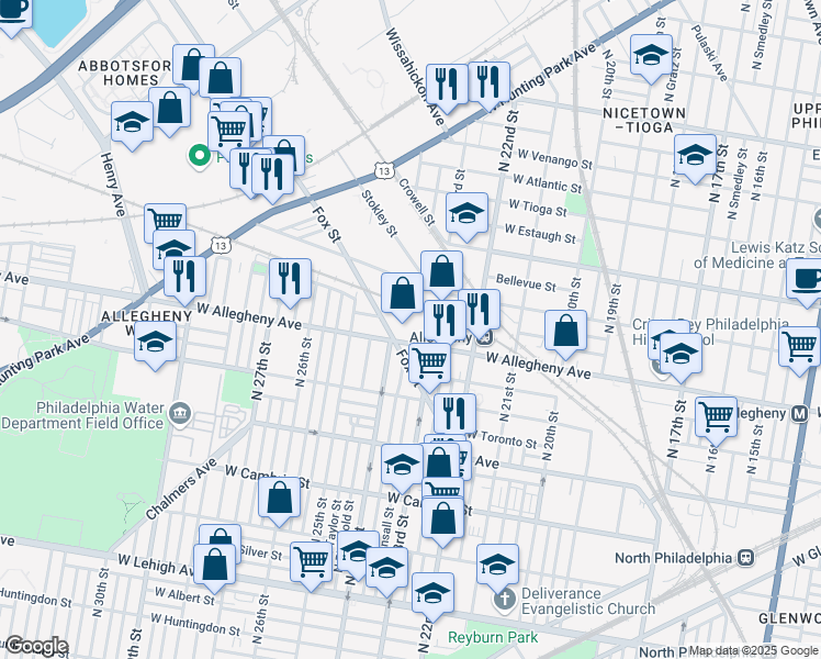 map of restaurants, bars, coffee shops, grocery stores, and more near 2315 West Allegheny Avenue in Philadelphia