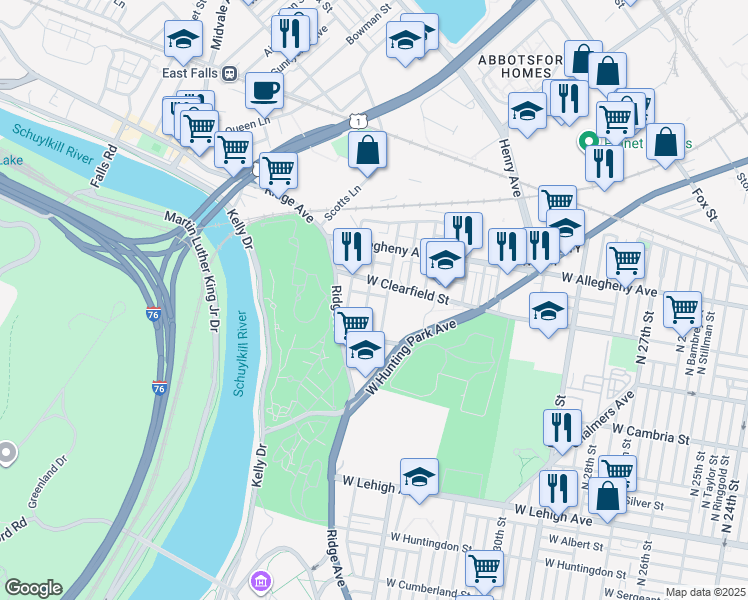 map of restaurants, bars, coffee shops, grocery stores, and more near 3000 North 34th Street in Philadelphia