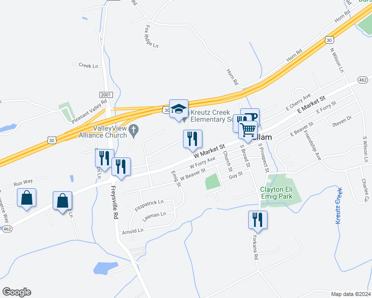 map of restaurants, bars, coffee shops, grocery stores, and more near 32 North Lee Street in Hallam