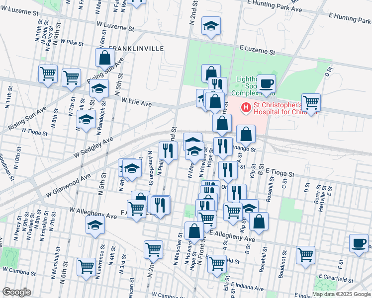 map of restaurants, bars, coffee shops, grocery stores, and more near 172 West Atlantic Street in Philadelphia
