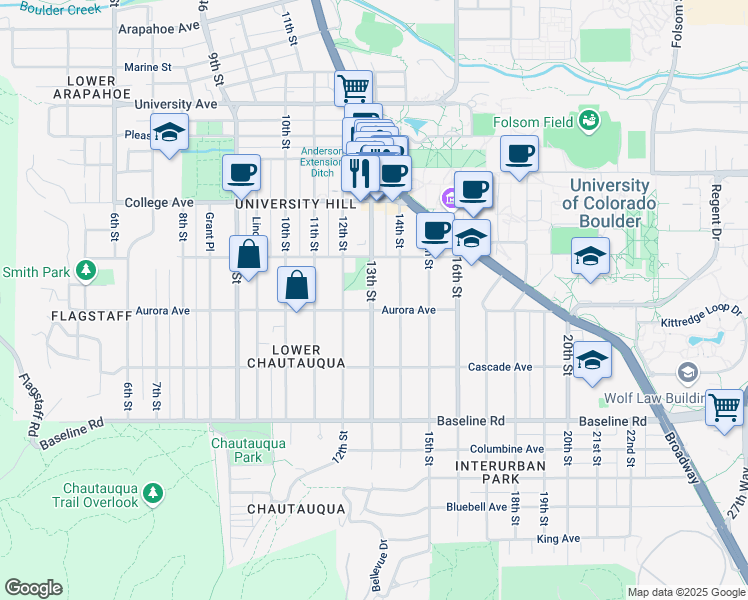 map of restaurants, bars, coffee shops, grocery stores, and more near 920 13th Street in Boulder