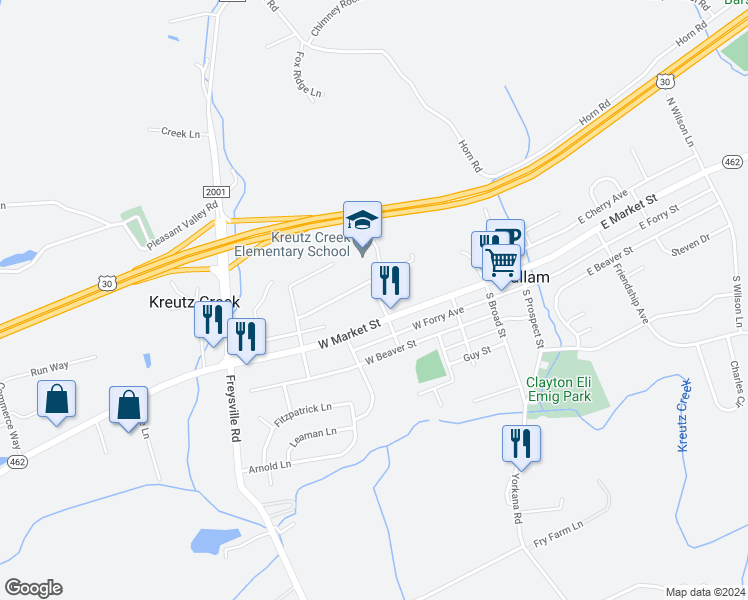 map of restaurants, bars, coffee shops, grocery stores, and more near 30 North Lee Street in Hallam