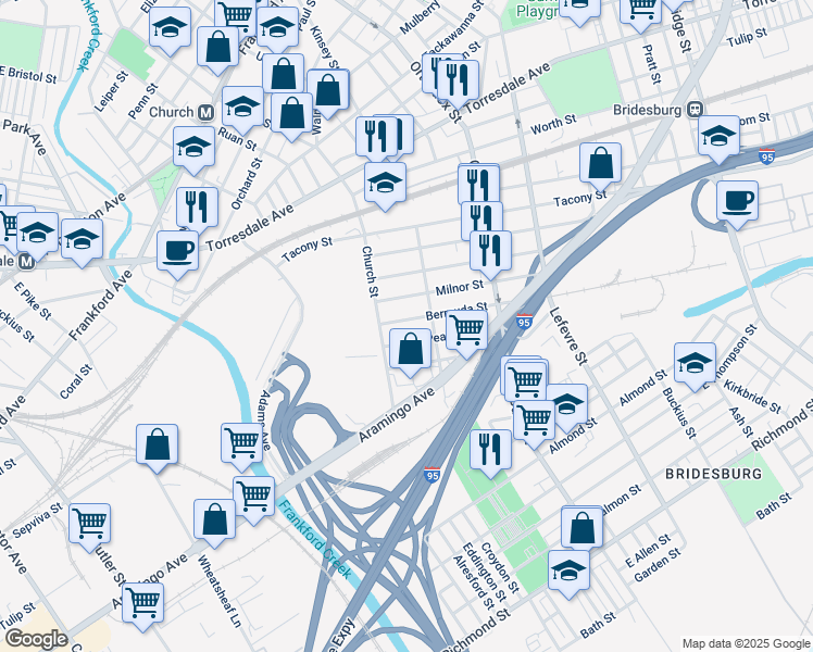 map of restaurants, bars, coffee shops, grocery stores, and more near 4335 Bermuda Street in Philadelphia