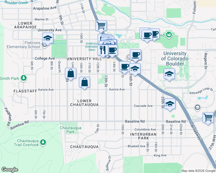 map of restaurants, bars, coffee shops, grocery stores, and more near 888 13th Street in Boulder