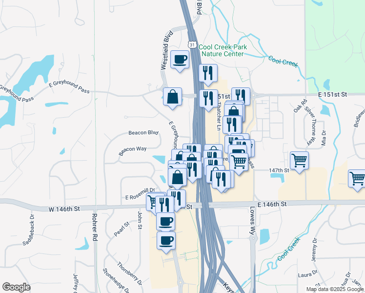 map of restaurants, bars, coffee shops, grocery stores, and more near 14828 East Greyhound Pass in Carmel