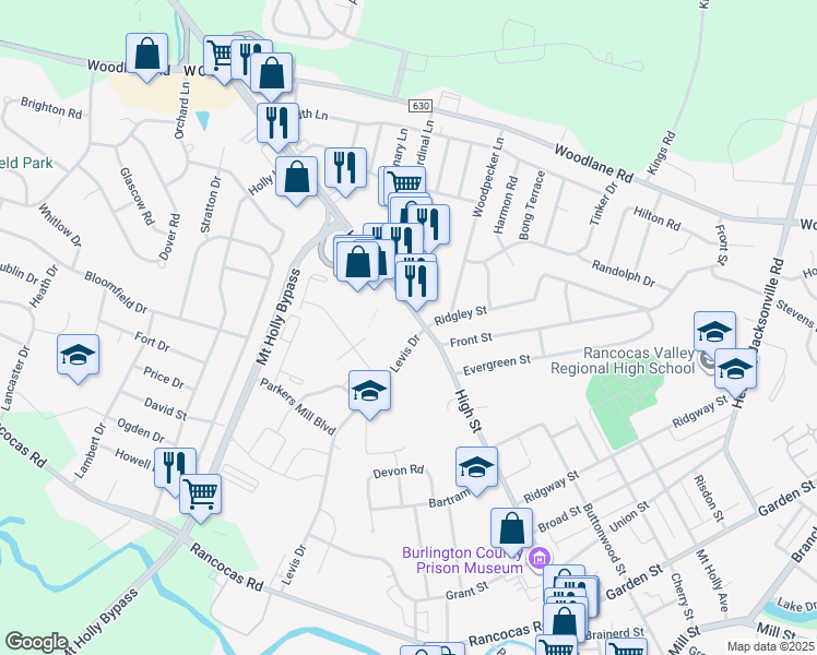 map of restaurants, bars, coffee shops, grocery stores, and more near 456 High Street in Mount Holly