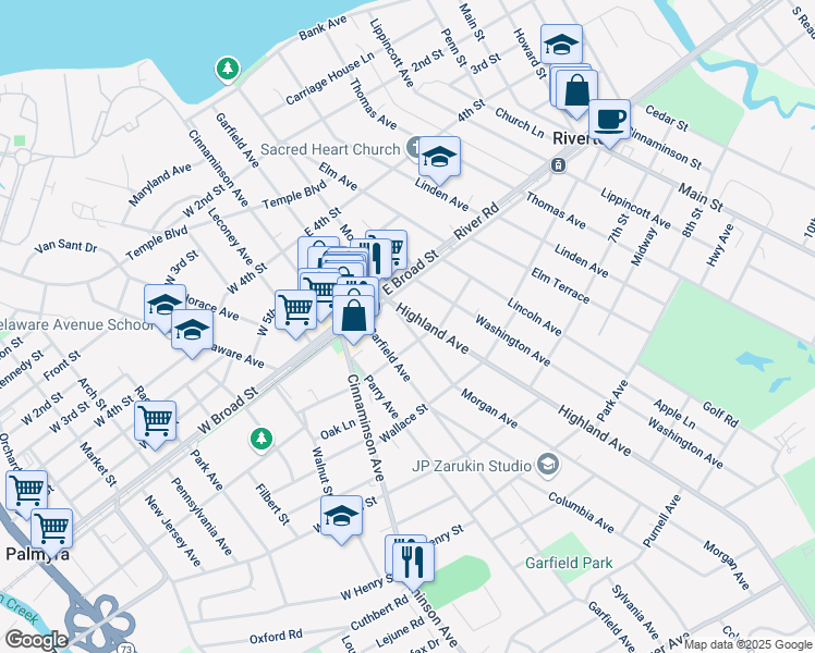 map of restaurants, bars, coffee shops, grocery stores, and more near 628 Garfield Avenue in Palmyra