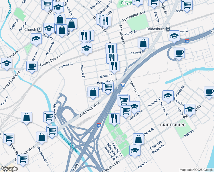 map of restaurants, bars, coffee shops, grocery stores, and more near 4524 Pearce Street in Philadelphia