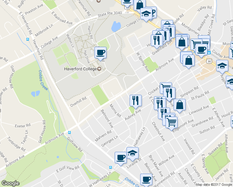 map of restaurants, bars, coffee shops, grocery stores, and more near 628 Village Heritage in Ardmore