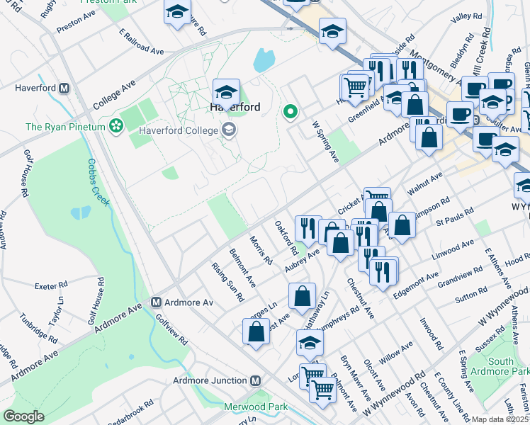 map of restaurants, bars, coffee shops, grocery stores, and more near 628 Village Heritage in Ardmore