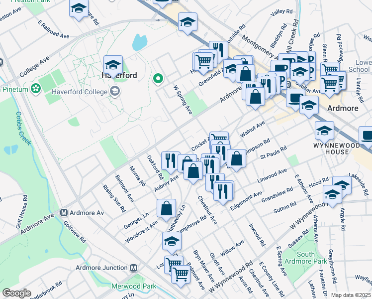 map of restaurants, bars, coffee shops, grocery stores, and more near 840 Cricket Avenue in Ardmore
