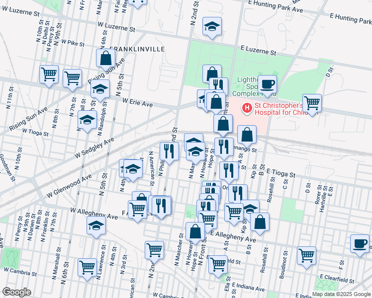 map of restaurants, bars, coffee shops, grocery stores, and more near 174 West Atlantic Street in Philadelphia